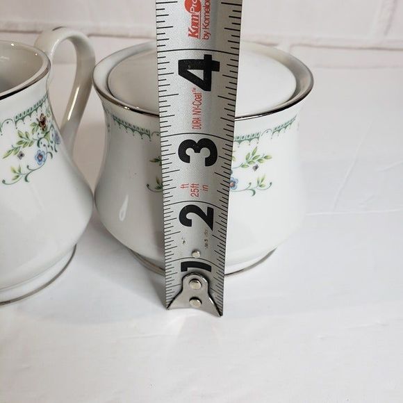 Vtg Cotillion Juliet White with Silver Green Dainty Floral Sugar & Creamer Set - Picture 10 of 11